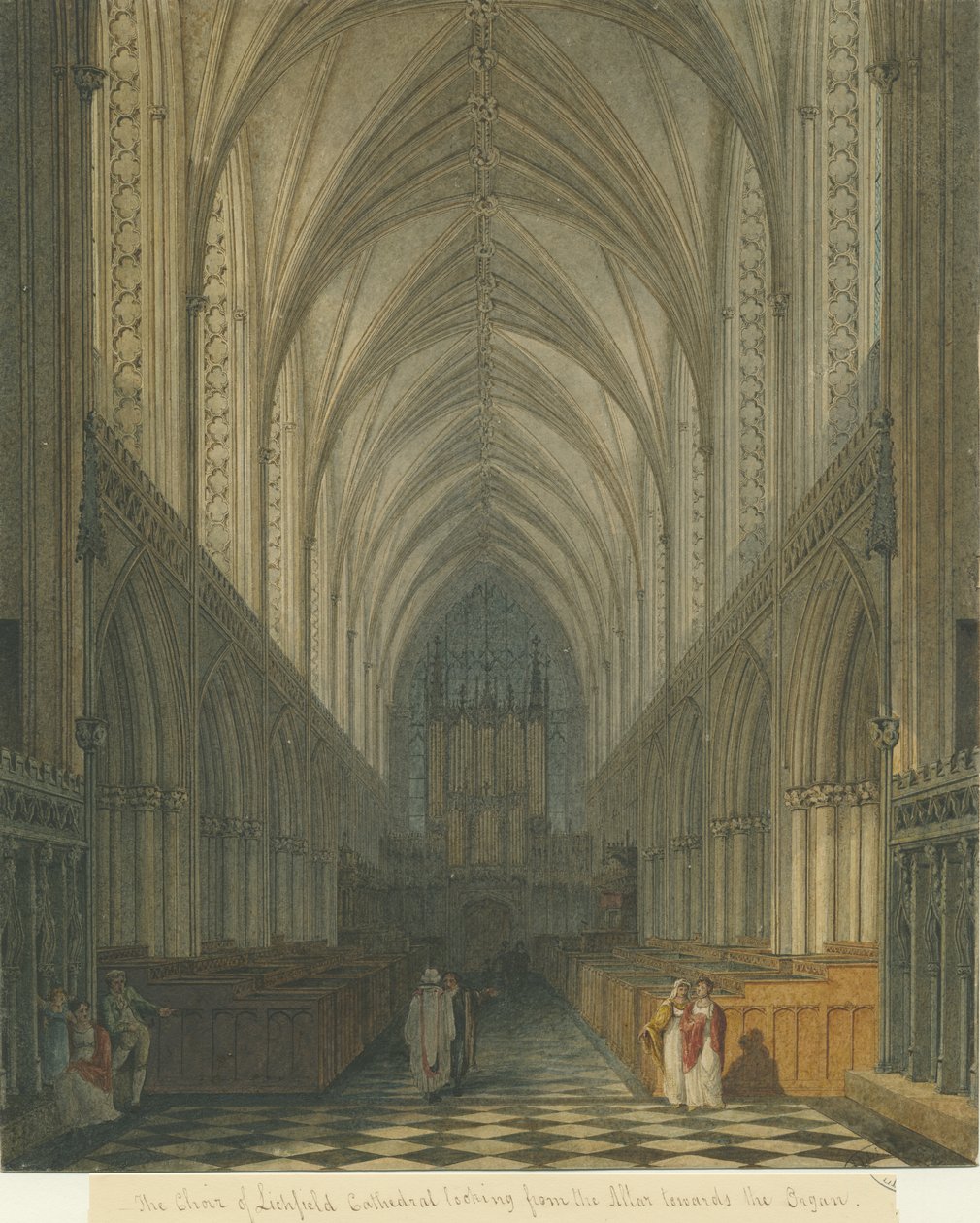 Interior da Catedral de Lichfield - Coro: pintura a aquarela, sd [c 1813] (pintura) de Charles Wild