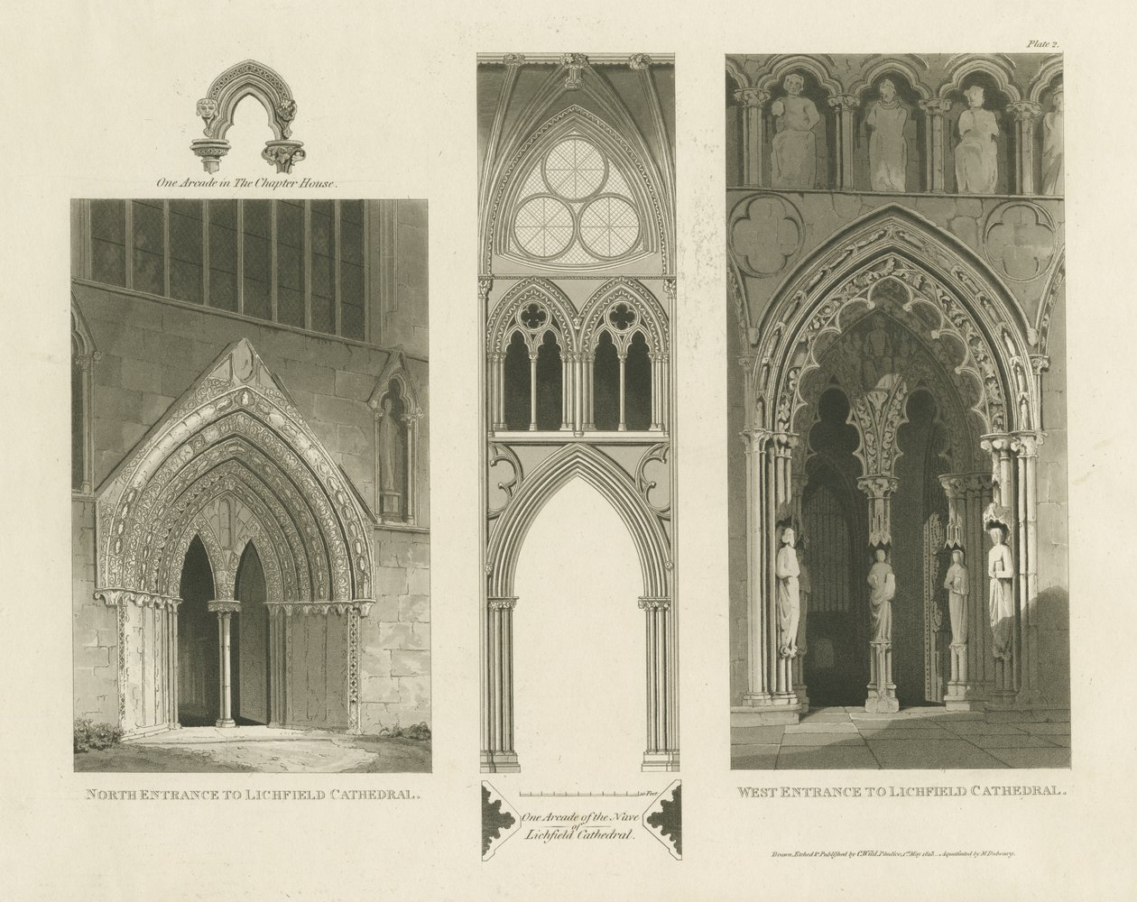 Catedral de Lichfield - entrada oeste, entrada norte e nave: gravura em aquatinta de Charles Wild