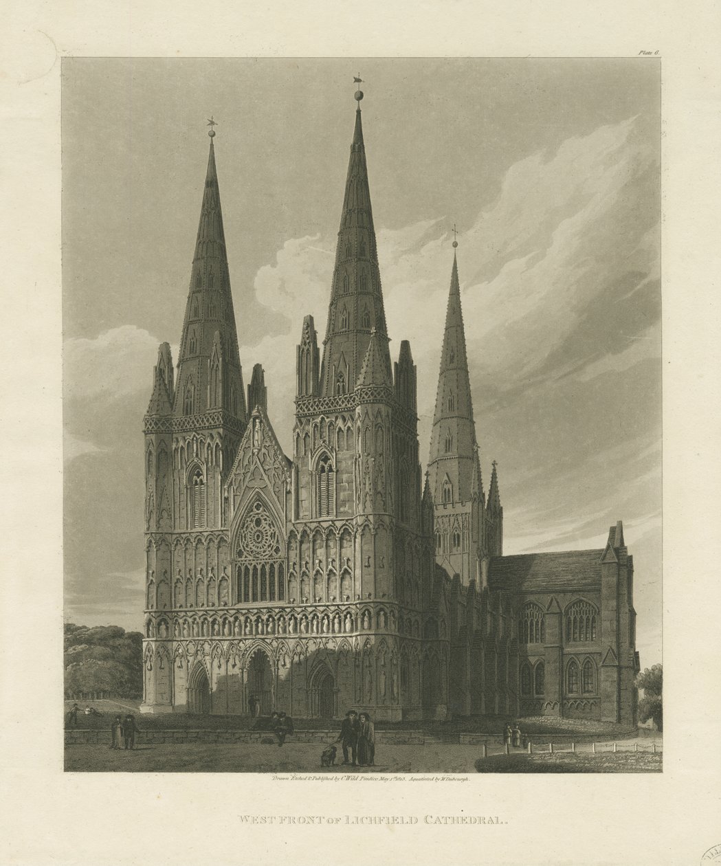 Catedral de Lichfield - Frente Oeste: gravura em água-tinta, 1813 de Charles Wild