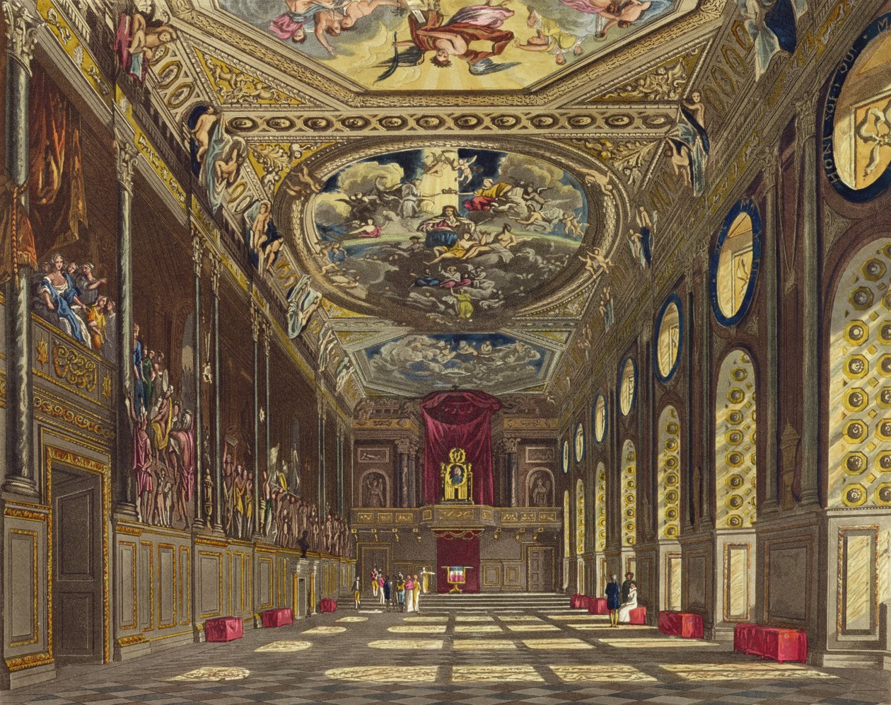 Salão de São Jorge, Castelo de Windsor, de &39;Royal Residences&39;, gravado por WJ Bennett, pub. por William Henry Pyne (1769-1843), 1816 (aquatinta) de Charles Wild