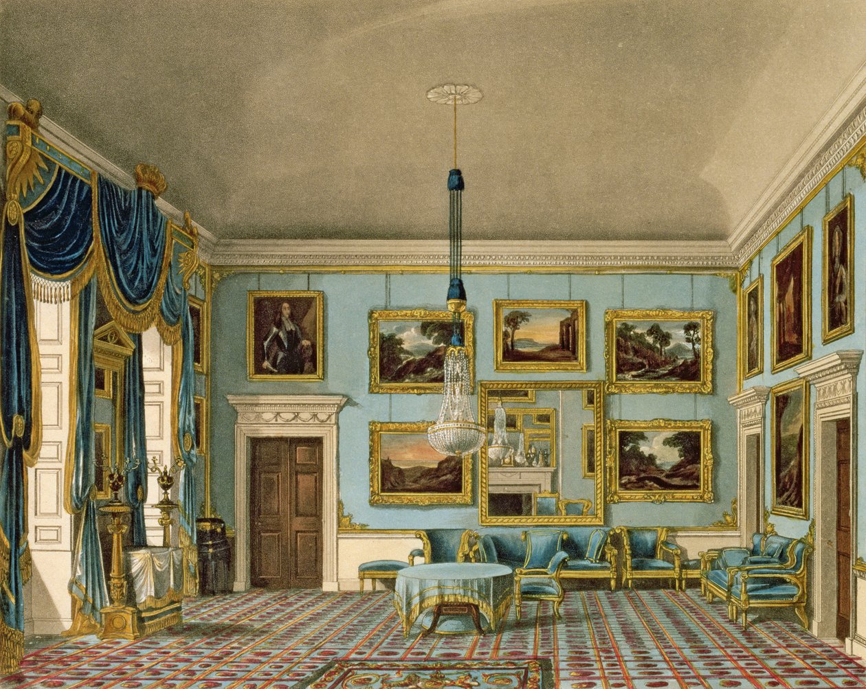 O quarto de veludo azul na Buckingham House, gravado por Daniel Havell de Charles Wild
