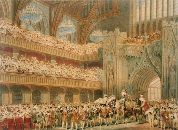 O campeão da Inglaterra a entrar no Westminster Hall (aguarela no papel) de Charles Wild