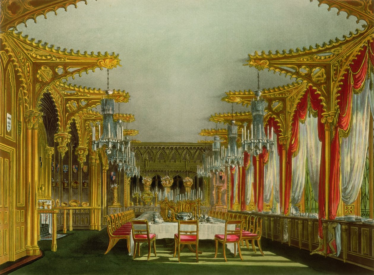 A sala de jantar gótica no Carlton House do &39;Royal Residences&39; de Pyne gravada por Thomas Sutherland (bc1785), publicada em 1819 de Charles Wild