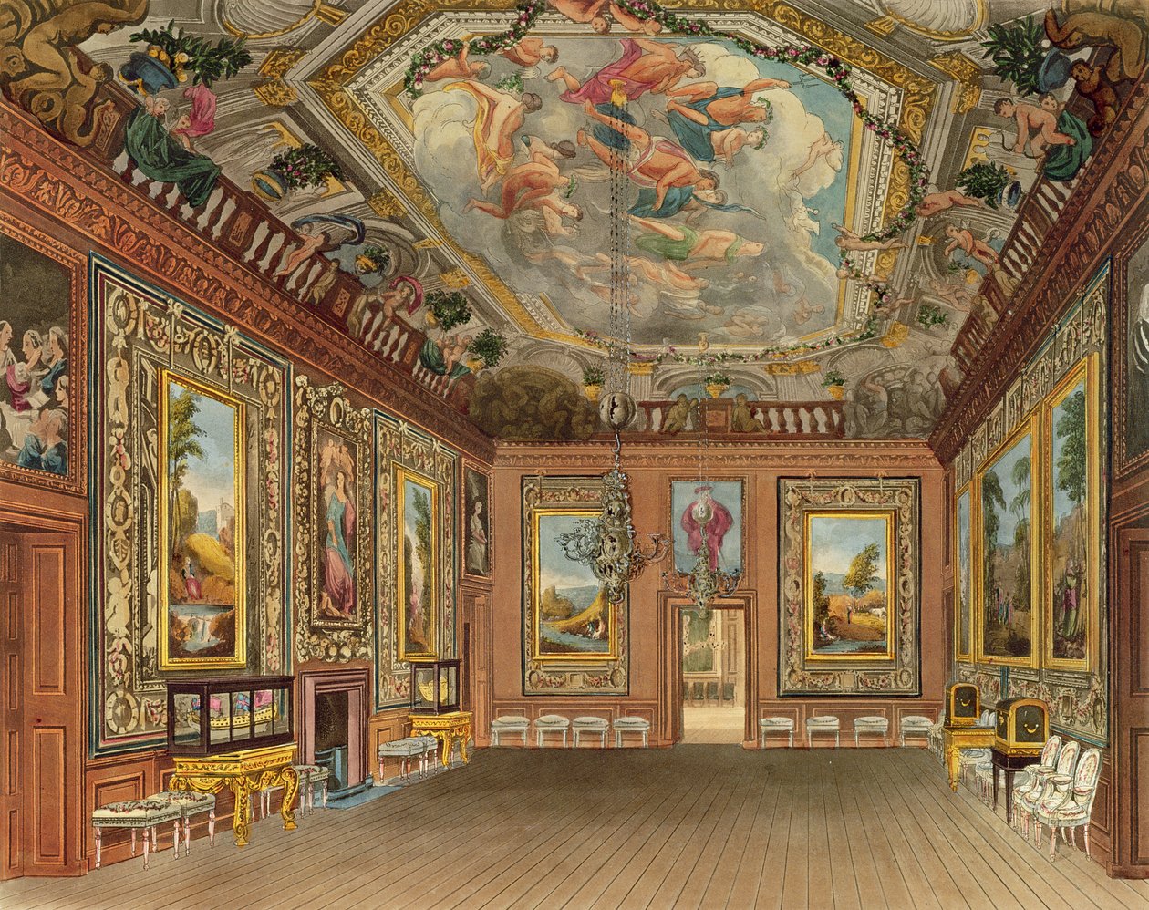 A sala de estar da rainha, castelo de Windsor, de "residências reais", gravada por Thomas Sutherland (b.1785), bar. por William Henry Pyne (1769-1843), 1816 (aquatinta) de Charles Wild
