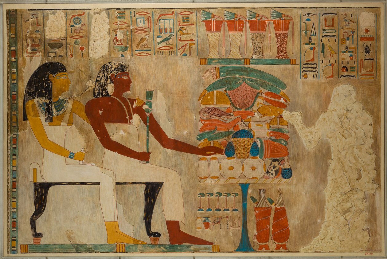 Vizir Rekhmire e sua mãe Meryt com oferendas de comida, c.1928 (tempera sobre papel) de Charles Wilkinson