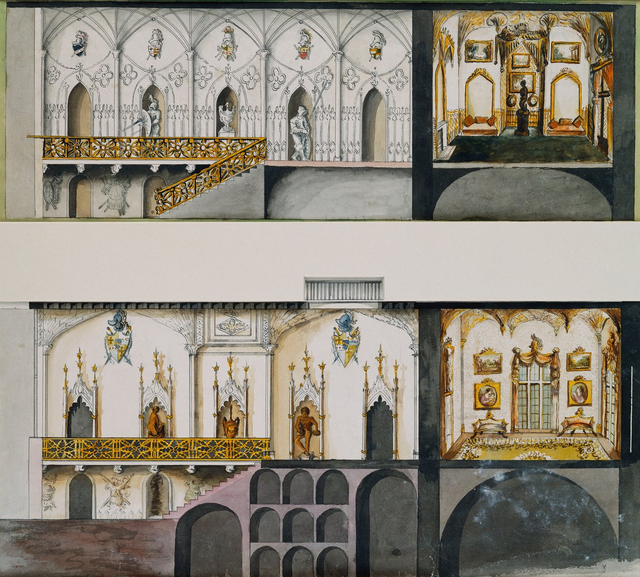 Projetos Alternativos para o Hall, Galeria e Desenho - Sala no Castelo de Charleville: Seções (caneta e tinta ew - c no papel) de Charles William Bury