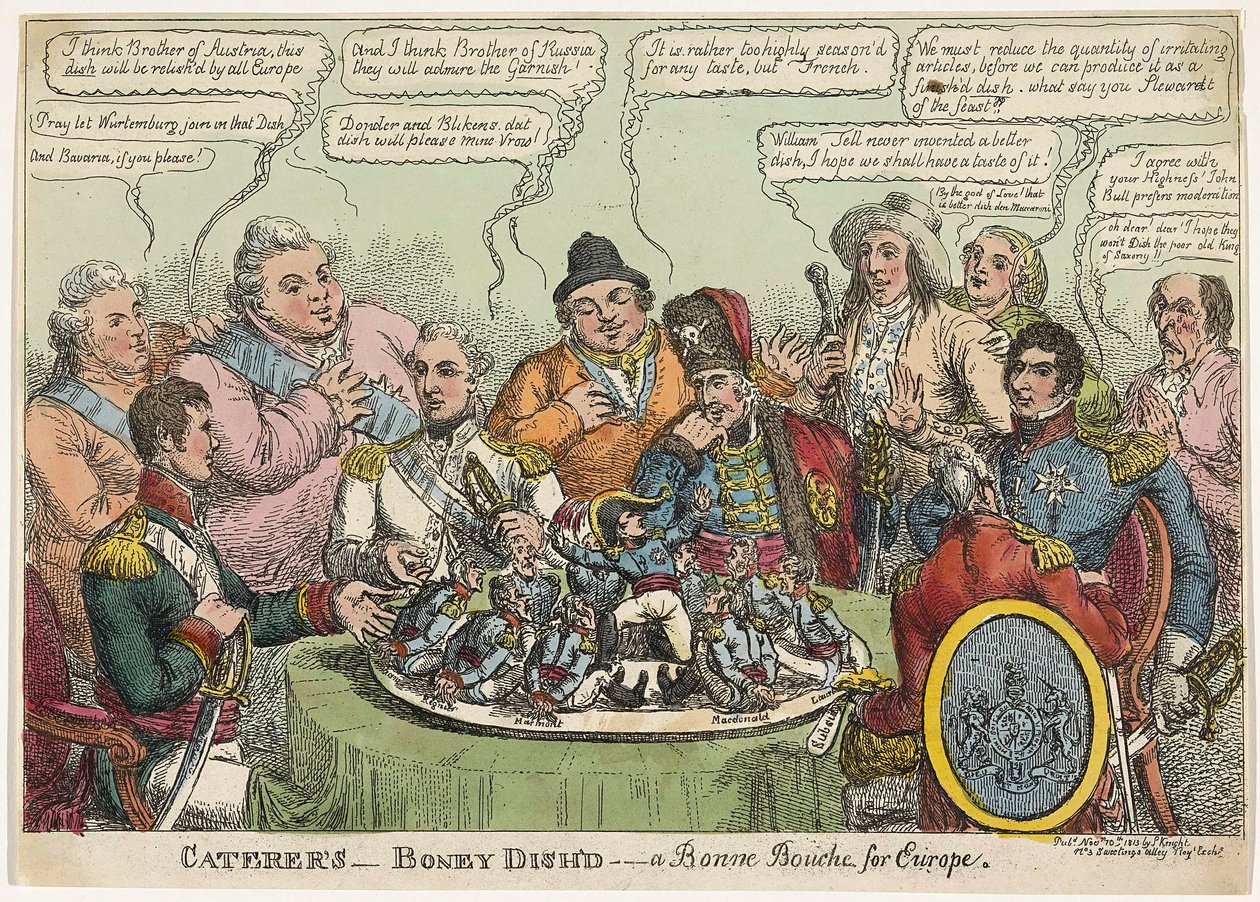 Caterers- Boney Dishd- um Bonne Bouche para a Europa, pub. 1813 (gravura colorida à mão) de Charles Williams