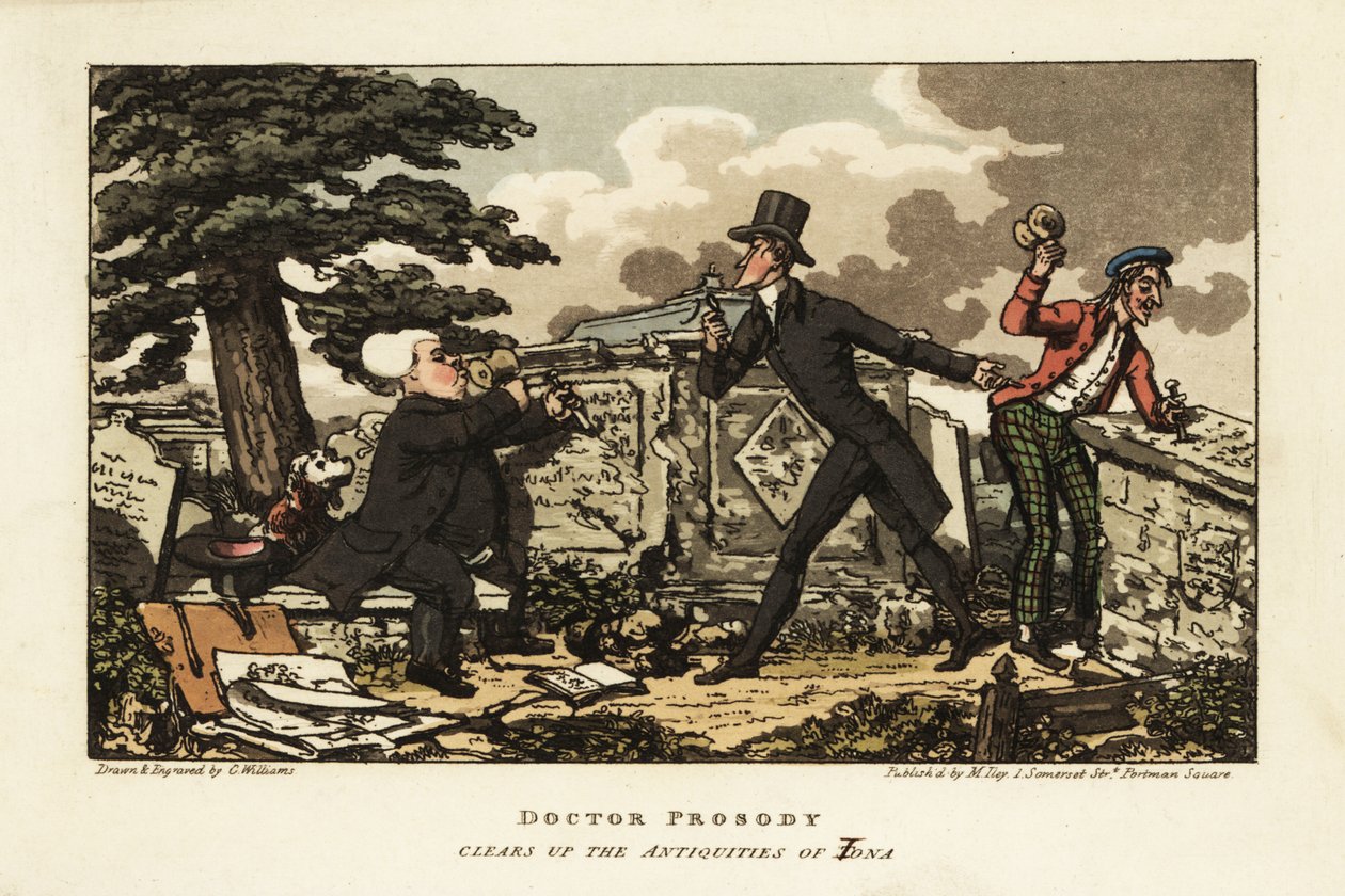 Turistas ingleses desfigurando uma antiga tumba com martelo e cinzel na ilha de Iona, Hébridas Interior, Escócia de Charles Williams