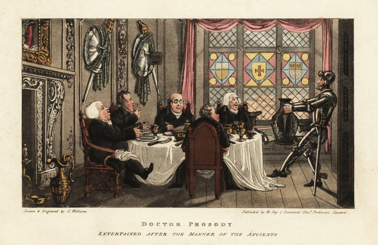 Turistas ingleses jantando em uma sala baronial medieval na Escócia de Charles Williams