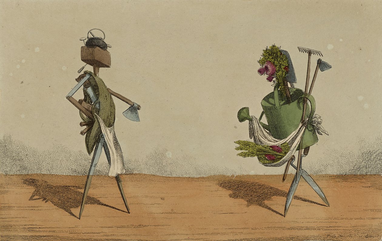 Implementa Animado, Placa 2, Dedicado aos Carpinteiros e Jardineiros da Grã-Bretanha, c.1811 (gravura à mão colorida) de Charles Williams