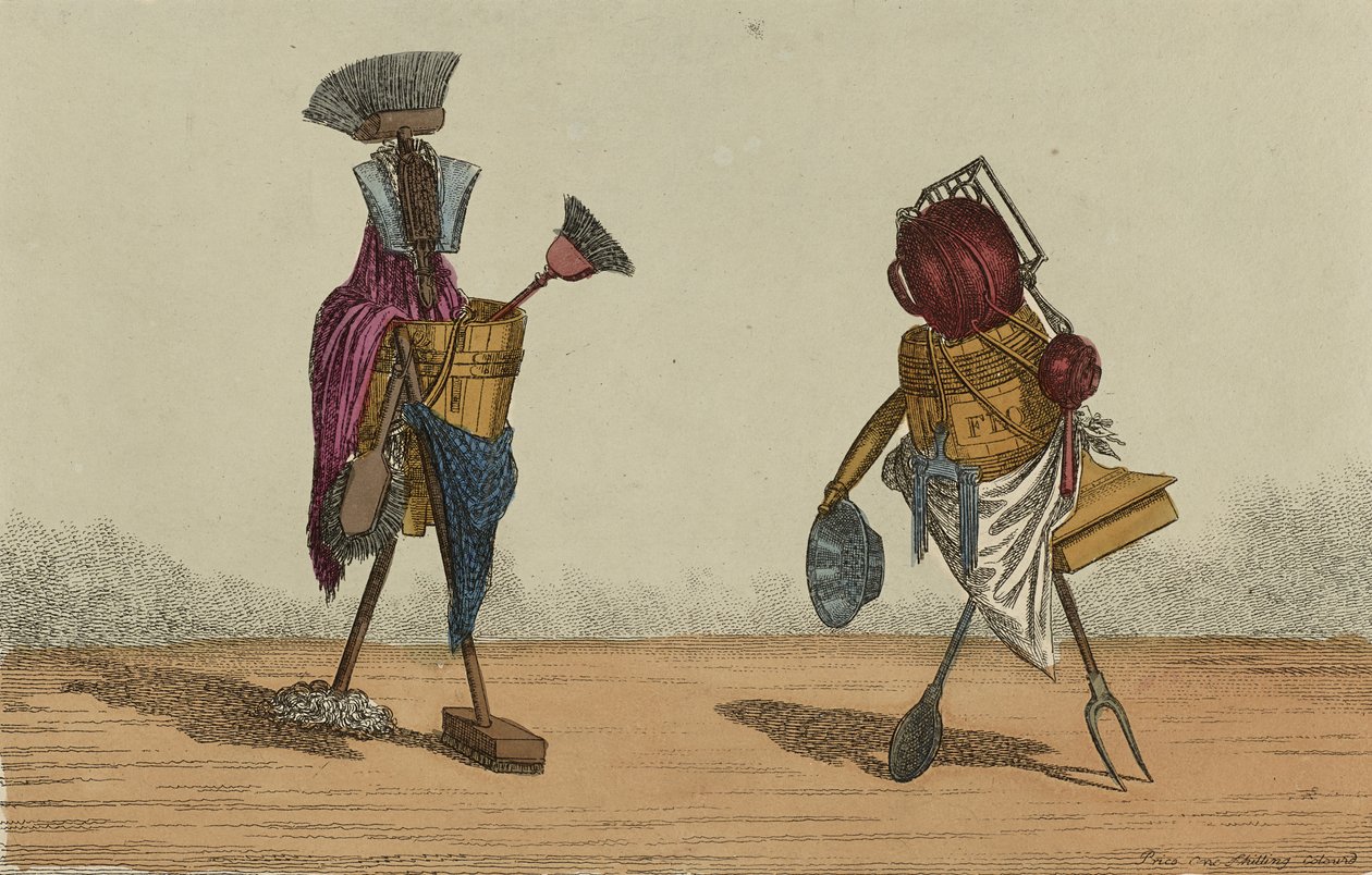 Implements Animated, Plate 2, Dedicated to the Housemaids and Cooks of the United Kingdoms, setembro de 1811 (gravura colorida à mão) de Charles Williams
