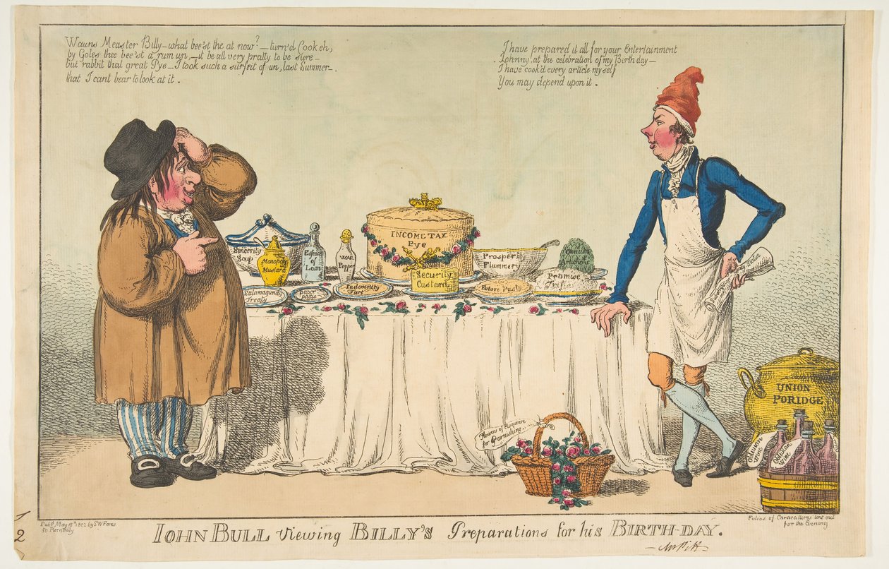 John Bull visualizando os preparativos de Billys para seu dia do nascimento, 18 de maio de 1802. de Charles Williams