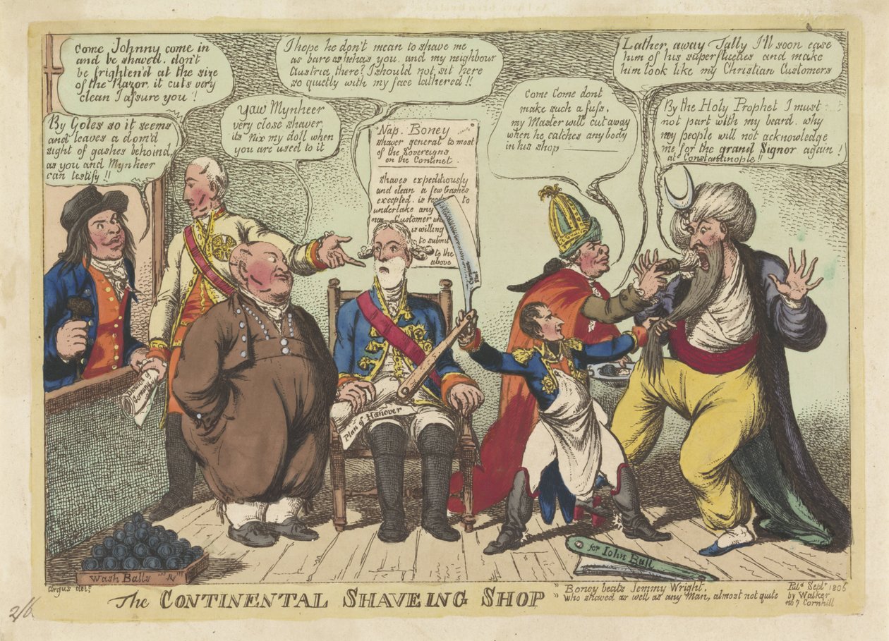 Napoleão como barbeiro para as potências europeias, 1806 The Continental Shaving Shop (título no objeto) de Charles Williams