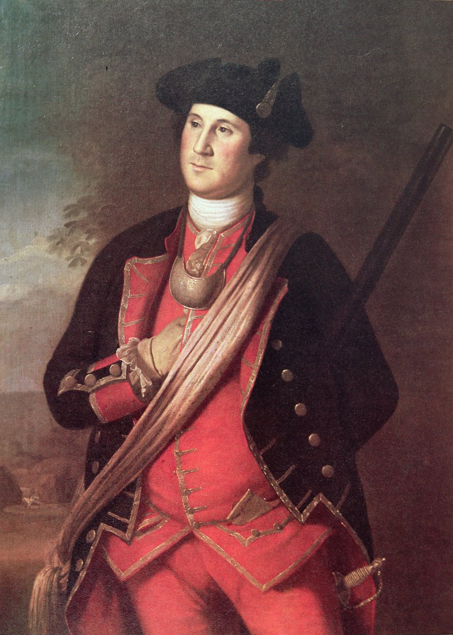George Washington com o uniforme de um Coronel da Milícia da Virgínia durante a Guerra da França e da Índia (1755-63) (cor litho) de Charles Willson (after) Peale
