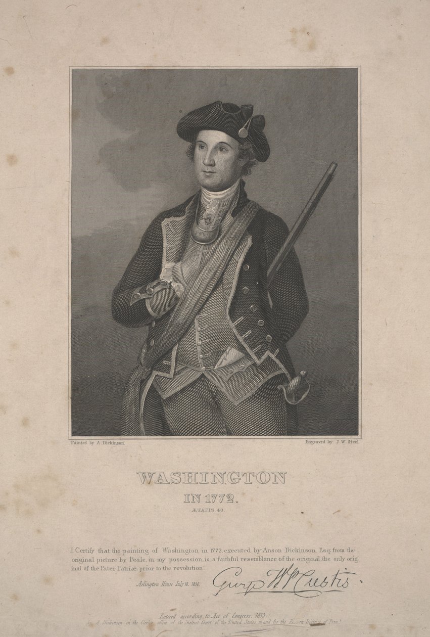 Washington em 1772, desenhado por Anson Dickinson c.1833 (gravura em aço) de Charles Willson (after) Peale