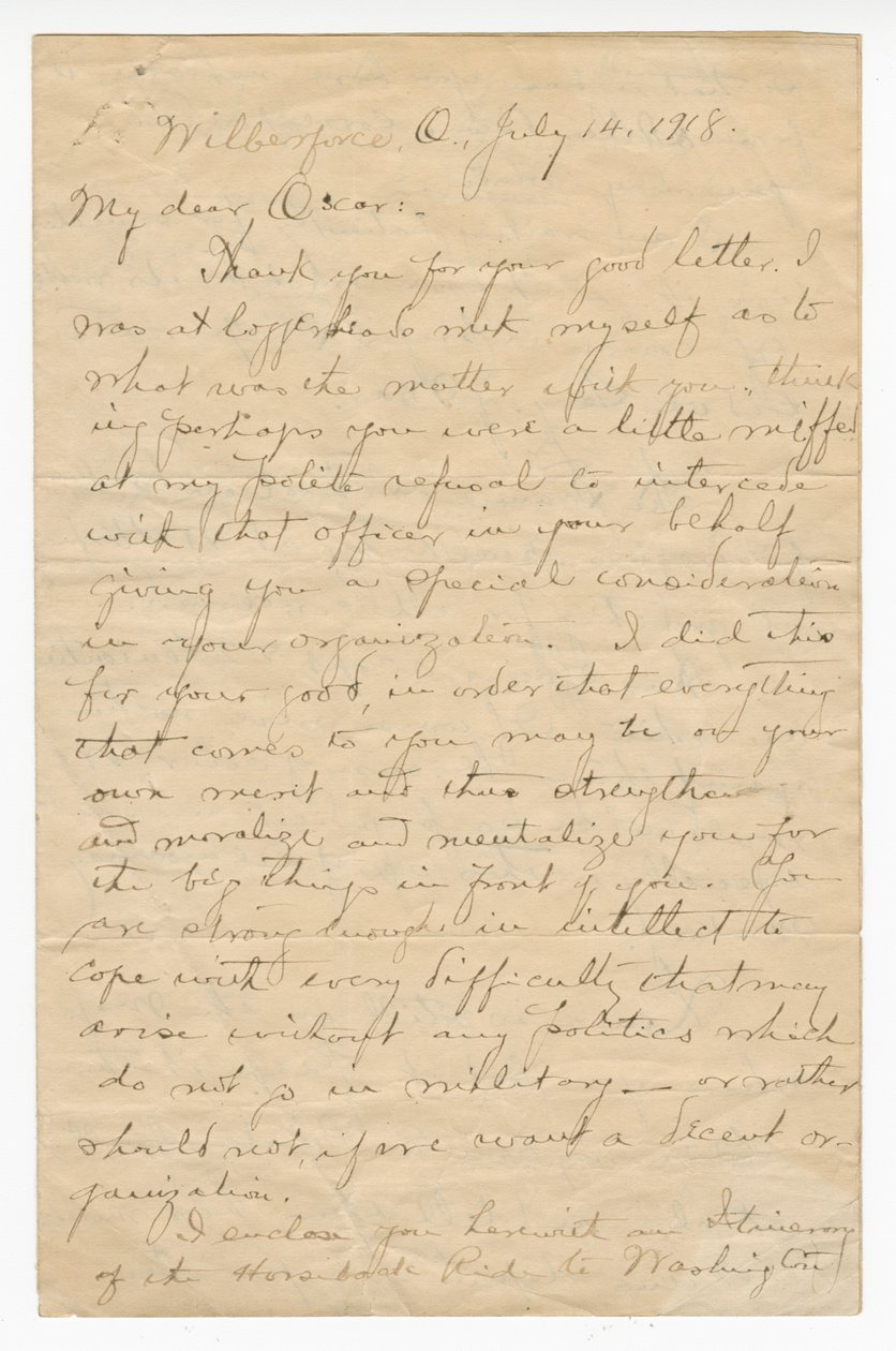 Carta a Oscar W. Price do Coronel Charles Young, 14 de julho de 1918. de Charles Young