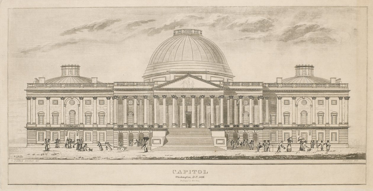 Capitólio, Washington, DC, gravado por Henry e James Stone (floresceu entre 1822 e 1849), em 1826 (gravura em aquarela e em linha no papel) de Charles after Bulfinch