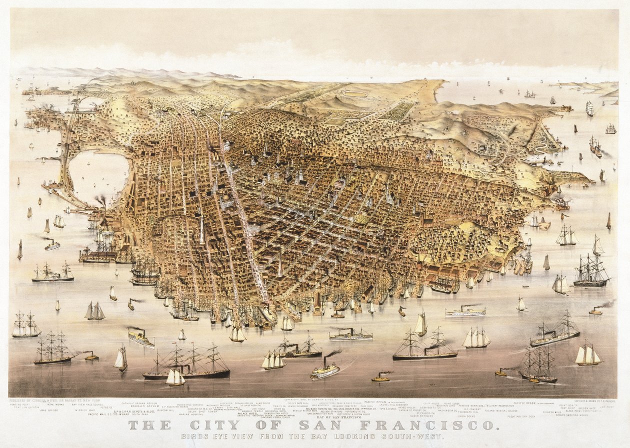 A cidade de São Francisco, vista panorâmica da baía em direção ao sudoeste, publicada pela Currier & Ives de Charles Richard Parsons