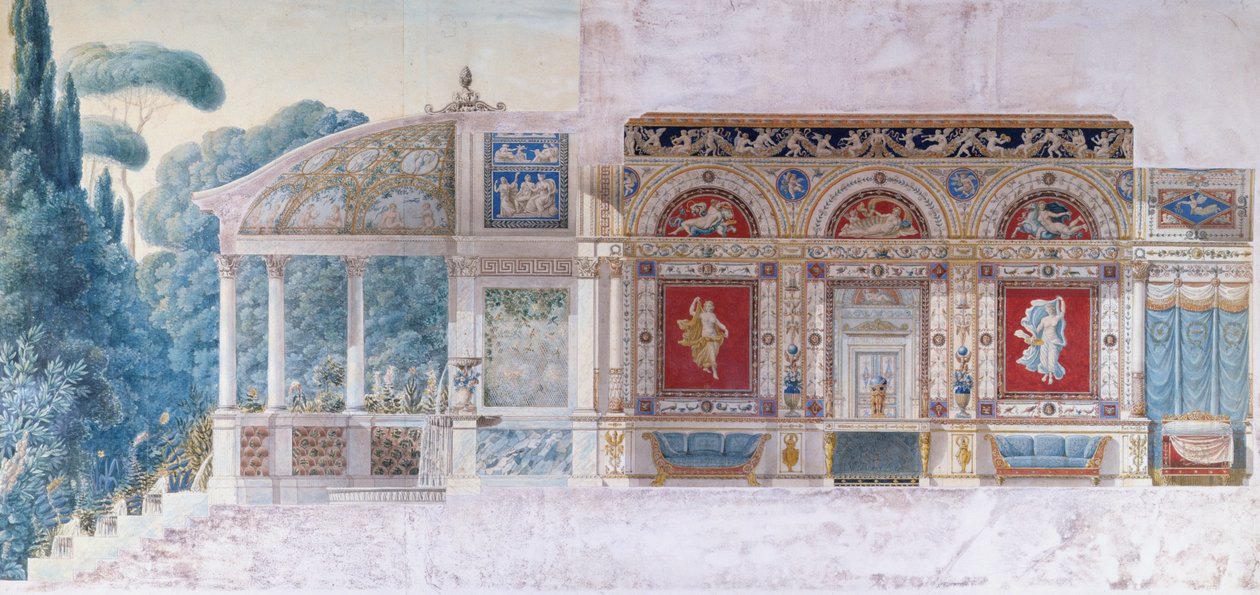 Projeto para um Hotel Particulier na Champs Elysees para Hortense de Beauharnais (1783-1837), Rainha da Holanda (wc no papel) de Charles and Fontaine Percier