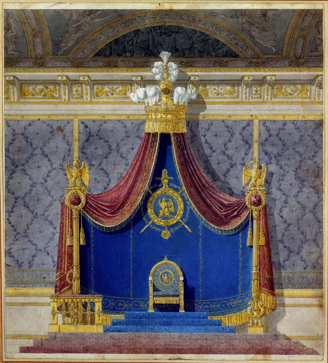Arte França: O trono de Napoleão I no Palais des Tuileries criado por Charles Percier (1764-1838) e Pierre Francois Leonard Fontaine (1762-1853), arquitetos e decoradores franceses. Coleção Particular de Charles and Fontaine Pierre Percier