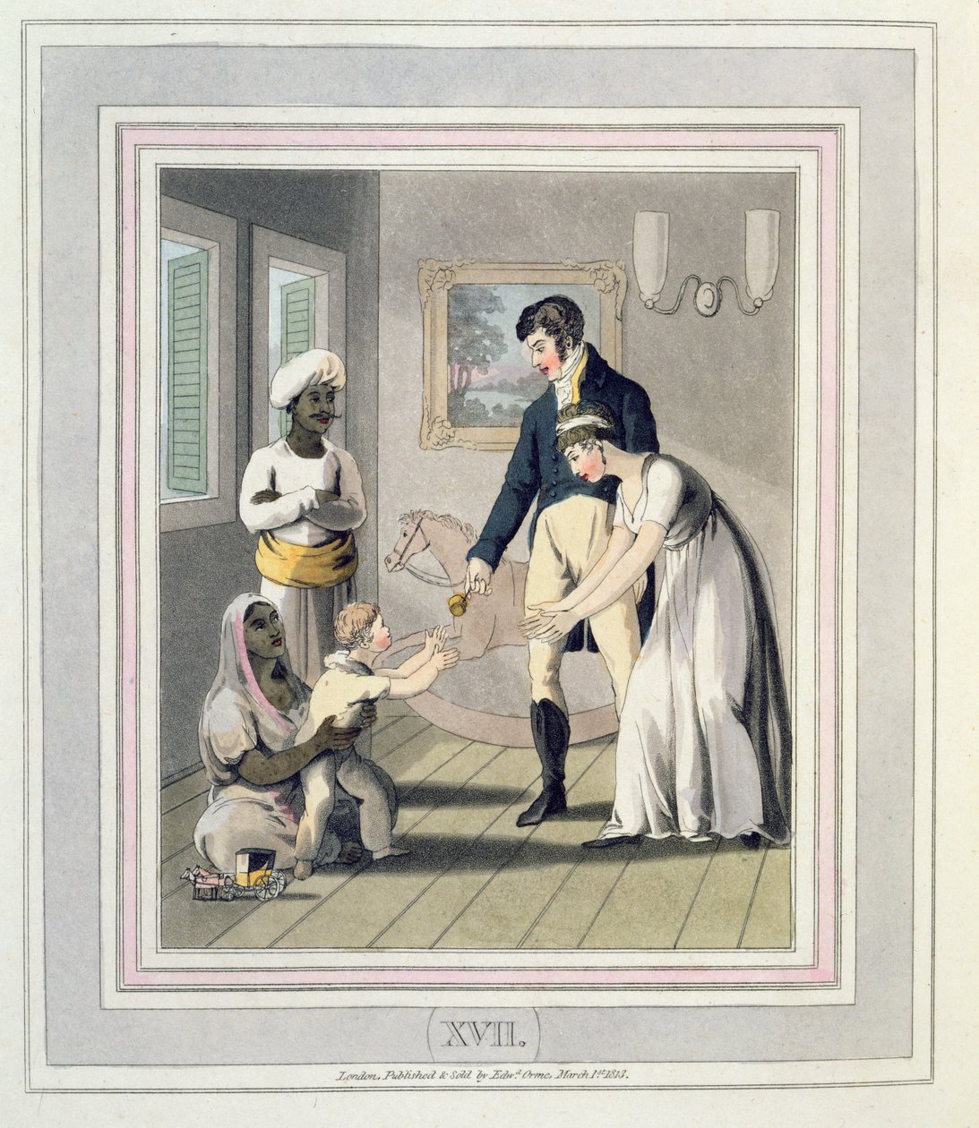 Uma senhora européia e sua família, com a presença de uma Ayah, ou enfermeira, prato 17 de "O europeu na Índia", publicado em 1813 (aquatinta colorido à mão) de Charles d Oyly