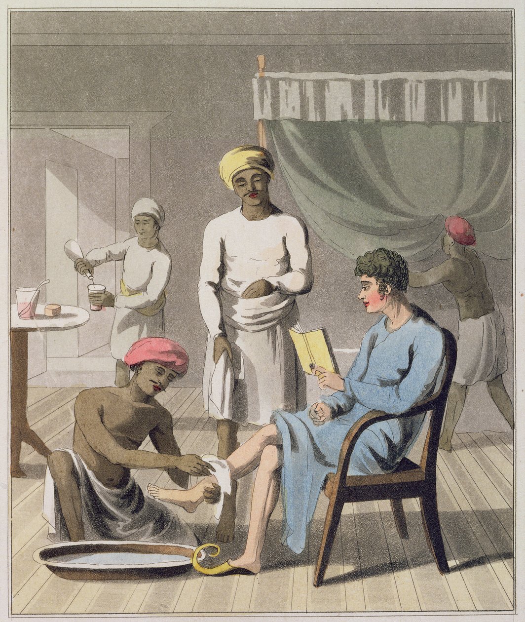 Um Gentleman Dressing, assistido por seu Head Bearer, e outros Servants, plate 4 de &39;The European in India&39;, publicado em 1813 (aquatinta colorido à mão) de Charles d Oyly