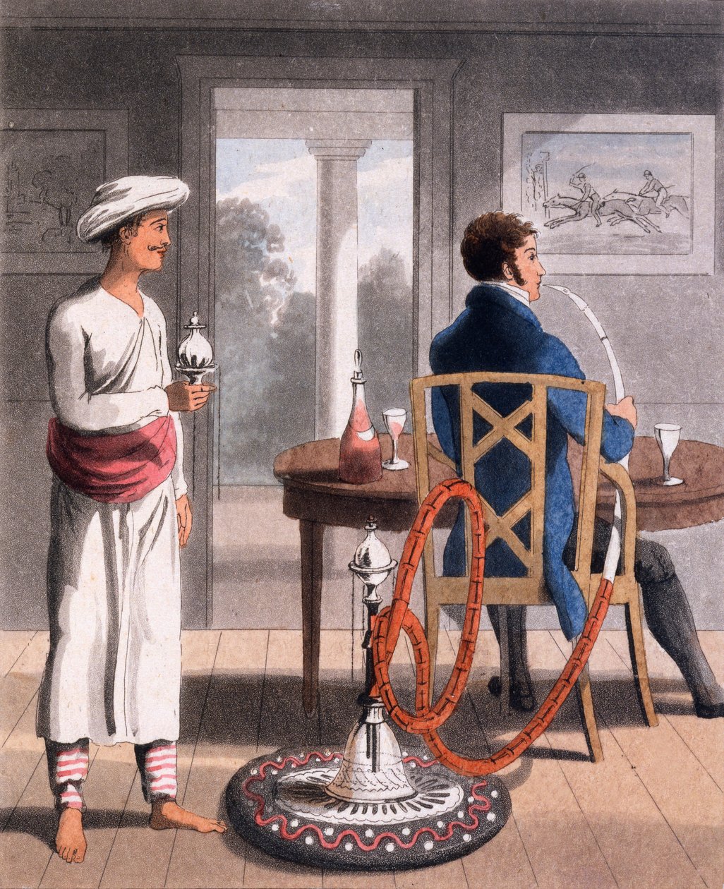 Um cavalheiro com seu Hookah Burdah, ou Pipe Bearer, 1813 de Charles d Oyly