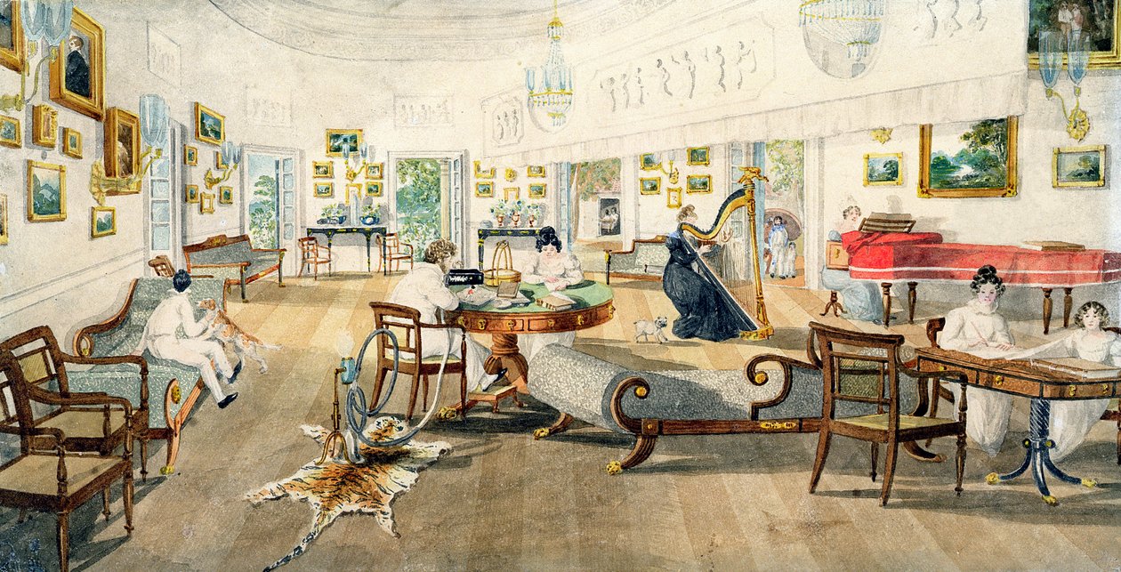 A Sala de Verão na Casa do Artista em Patna, Índia, 11 de setembro de 1824 (wc sobre grafite em papel de palha) de Charles d Oyly