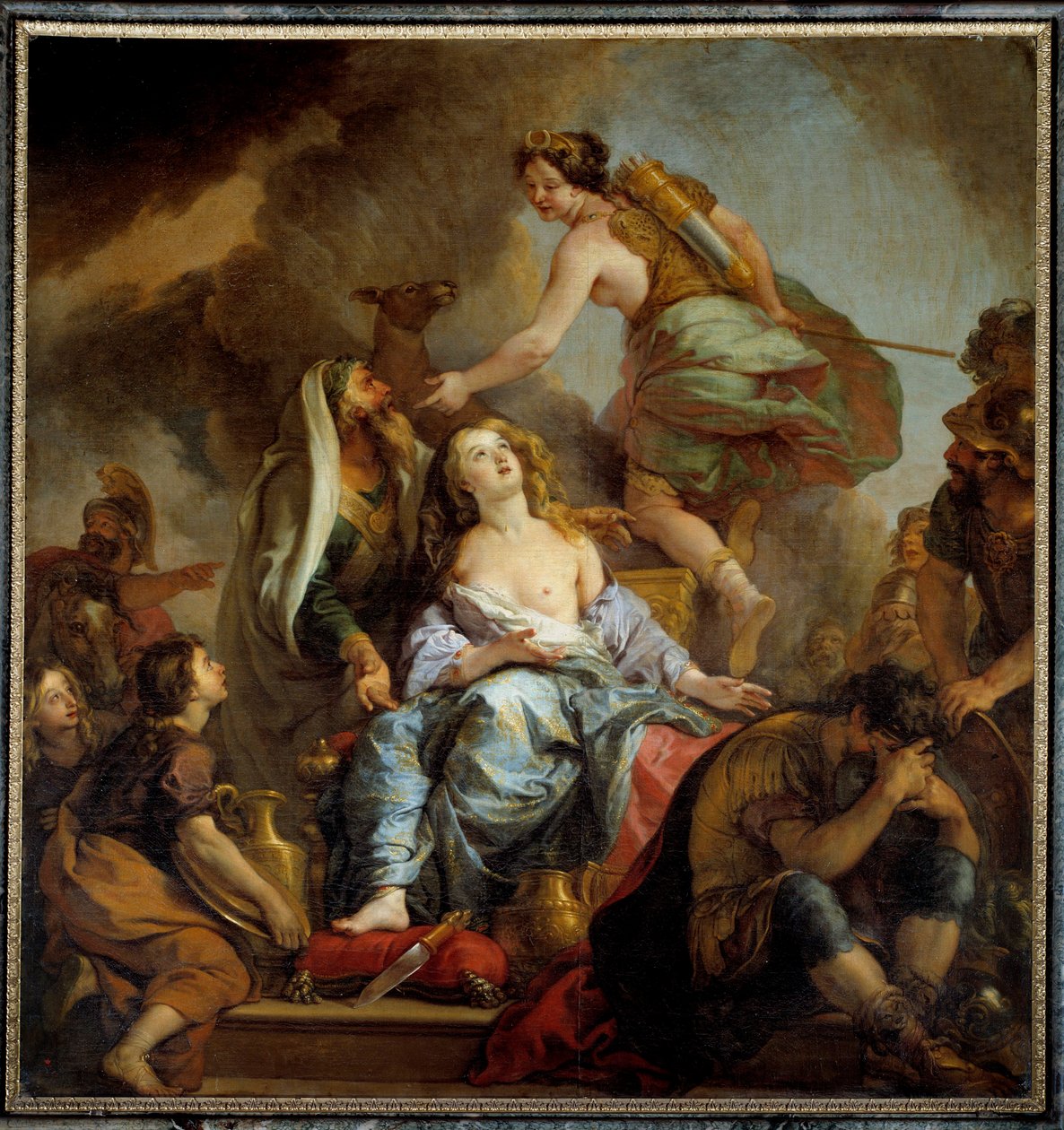 O sacrifício de Iphigenie King Agamemnon sacrifica a sua filha para apaziguar a raiva de Artemis. Pintura de Charles de Lafosse (1636-1716) Sol do século XVII. 2,24x2,12 m de Charles de Lafosse