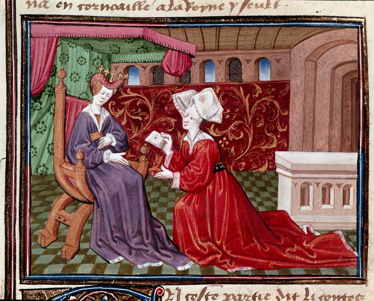 Uma criada com uma carta à Rainha Iseut (ou Isult) Miniatura tirada de "Romanesque du Chevalier Tristan" pelo Mestre Charles do Maine 1440-1460. Chantilly, Museu Conde de Charles du Maine Master