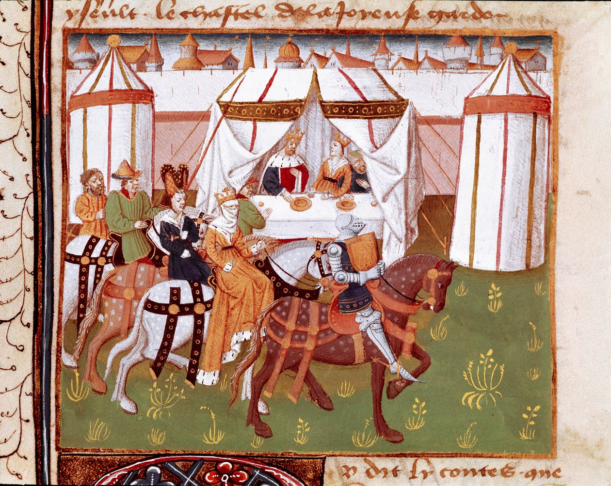 Chegada dos cavaleiros à festa dada pelo Rei Artur e a Rainha Guenievre em Camelot (Camaloth ou Camaaloth) Miniatura retirada do "Romanesque du Chevalier Tristan" pelo Mestre Carlos do Maine 1440-1460. Chantilly, Museu Conde de Charles du Maine Master
