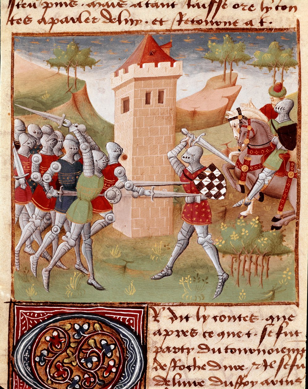 Cavaleiros de combate Lancelot du Lac Miniatura retirada de “” Roman du Chevalier Tristan”” pelo Mestre Charles de Maine (versão Beroul). 1440-1460. Chantilly, Museu Condé de Charles du Maine Master