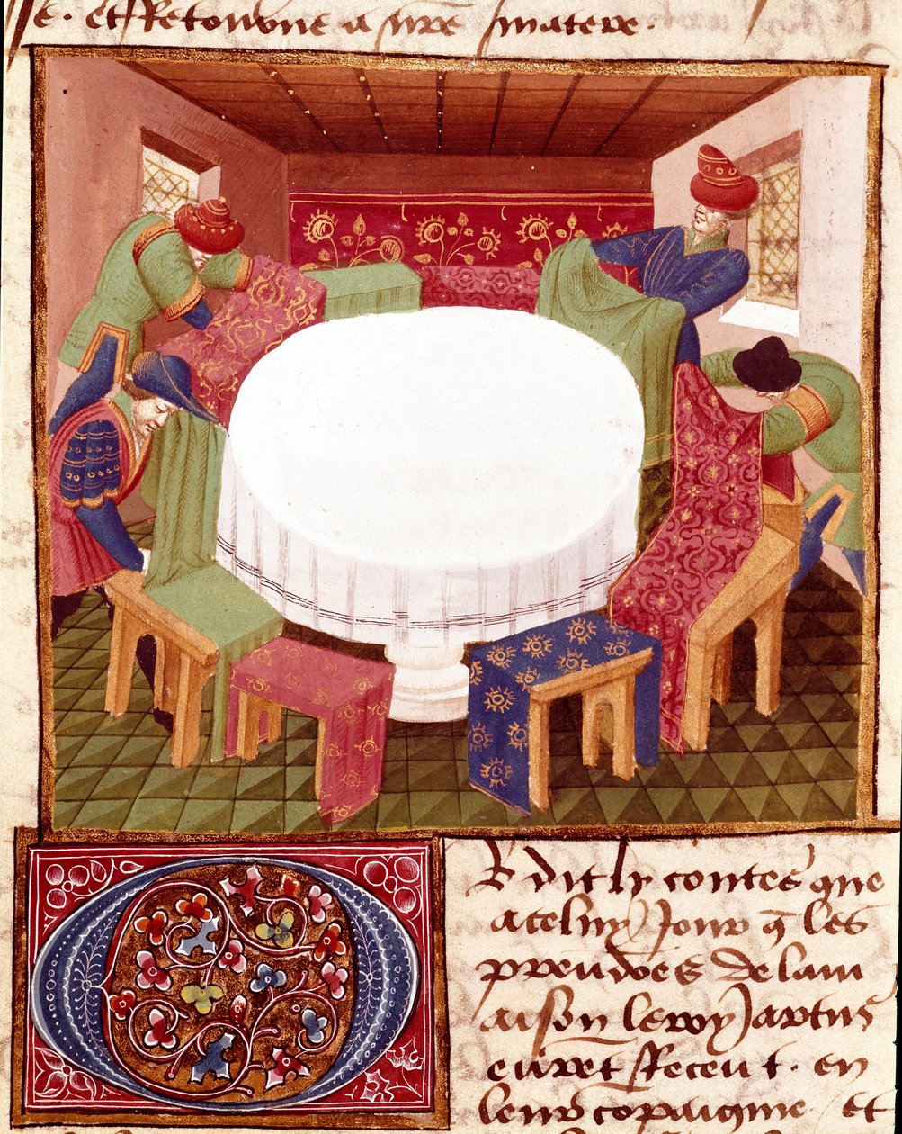 Preparativos da Távola Redonda à Chegada dos Cavaleiros Miniatura tirada de "Romanesque du Chevalier Tristan" pelo Mestre Charles de Maine (versão Beroul). 1440-1460. Chantilly, Museu Conde de Charles du Maine Master