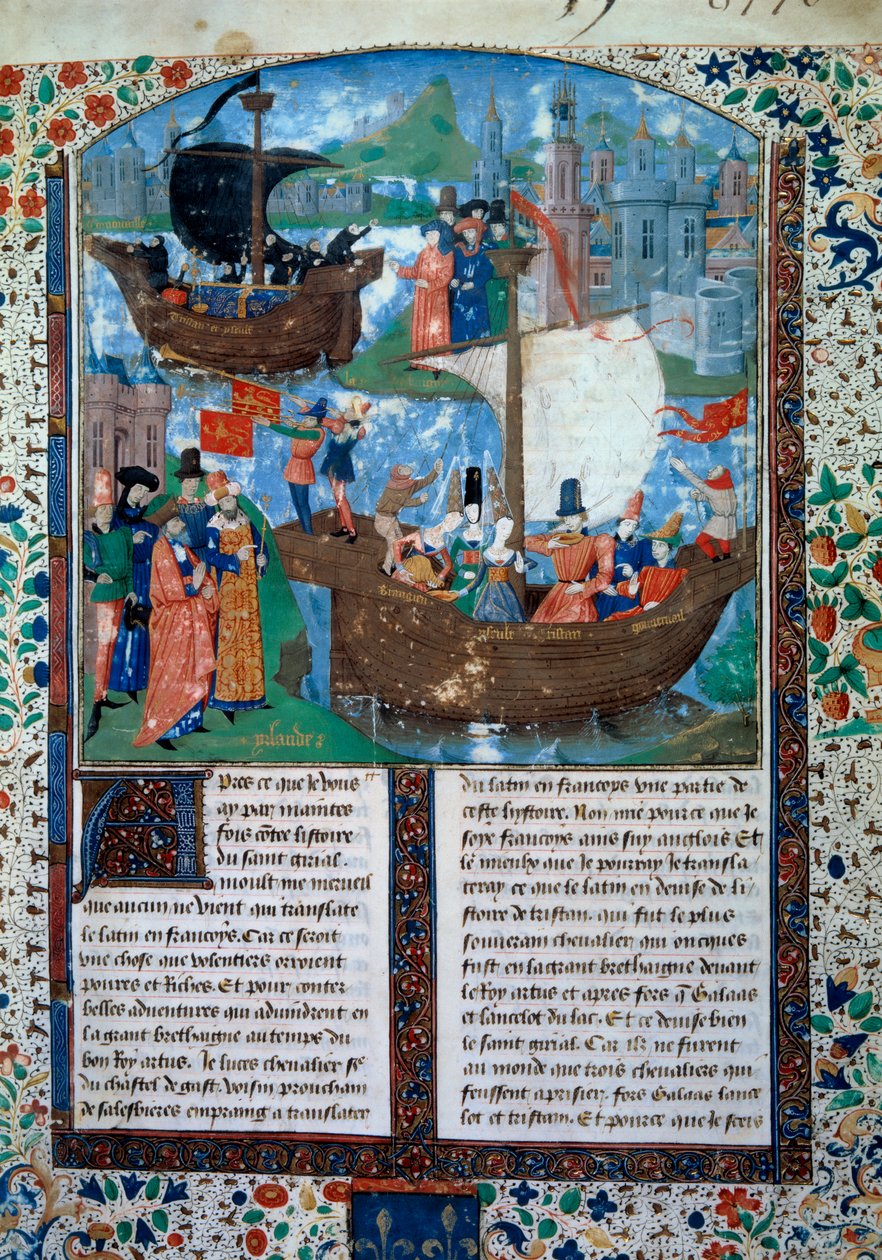 Tristan e Iseult (Isolde ou Yseult) deixam a Irlanda, Tristan bebe o filtro do amor. No fundo, os seus dois corpos são trazidos de volta à Irlanda. Miniatura do manuscrito ms. 103 f.1 O romance de Tristão" atribuído ao mestre Charles of Maine. 15º século de Charles du Maine Master