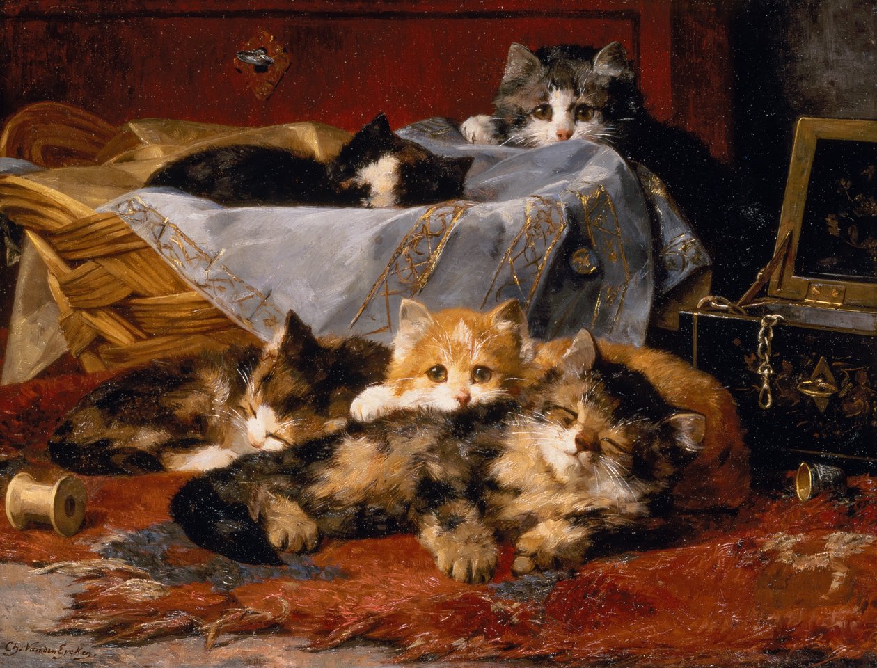 Gatinhos por uma cesta de costura (óleo sobre tela) de Charles van den Eycken