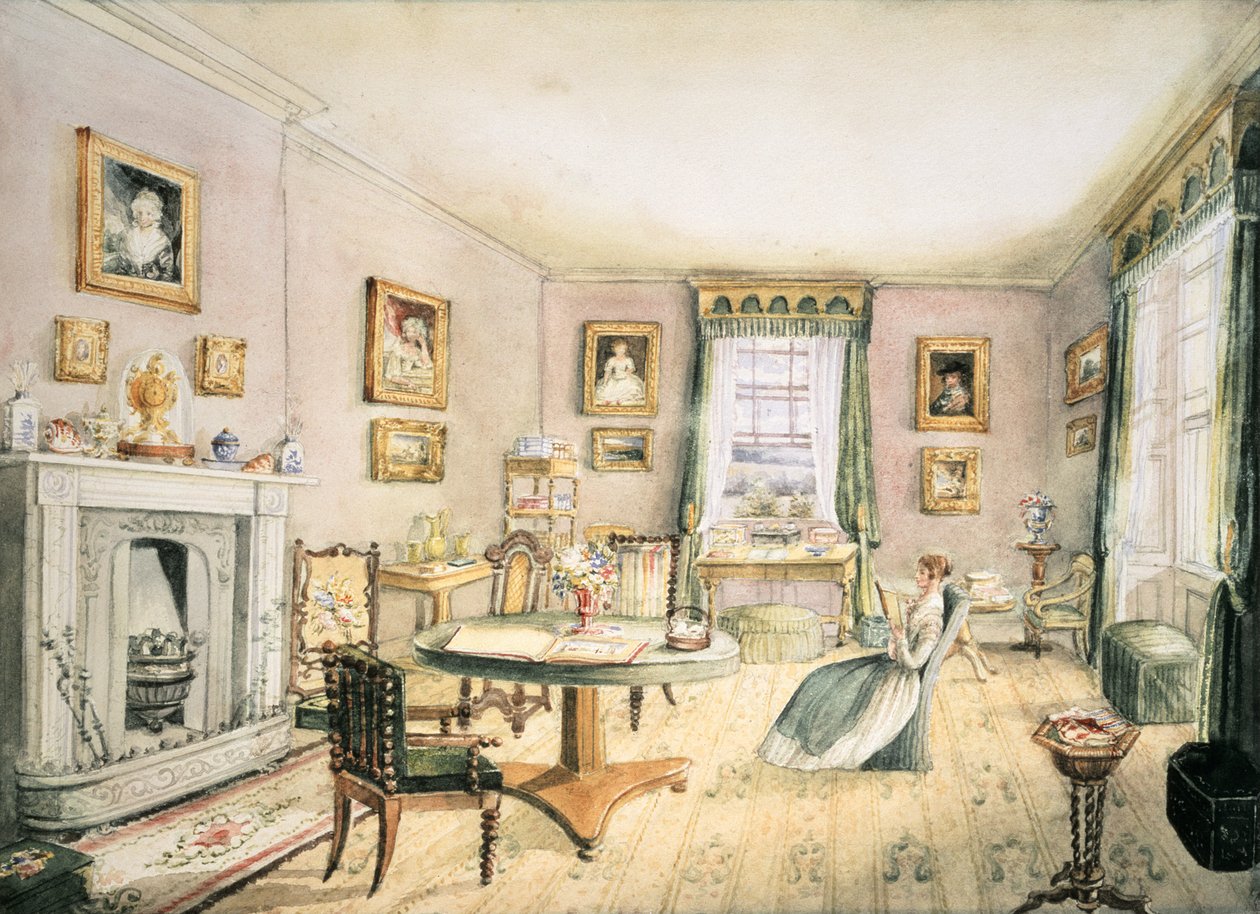A sala de desenho, East Wood, Hay, f54 de um álbum de interiores, 1843 de Charlotte Bosanquet