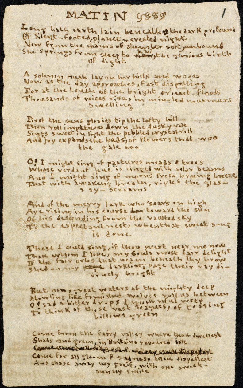 Poema de Charlotte Bronte. Cópia fiel autógrafa, com supressões, do poema "Matin". 12 de novembro de 1830, em Haworth, co. York: 1830. Haworth, co. York. de Charlotte Bronte