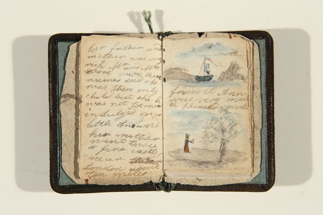 História começando com "Era uma vez uma menina e seu nome era Ane, c.1828 (caneta e tinta e aquarela sobre papel) de Charlotte Bronte