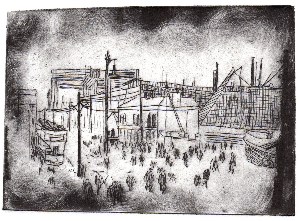 Belfast Docks, 2015 (gravura a ponto seco e digital) de Charlotte Orr