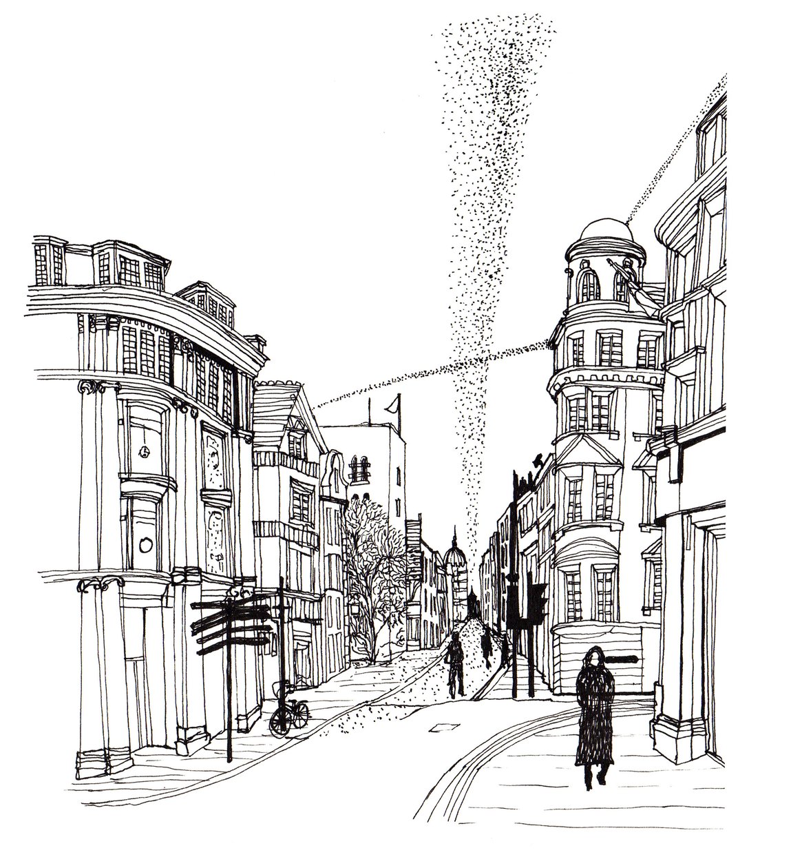 Cornmarket Street, 2019 (caneta e tinta) de Charlotte Orr