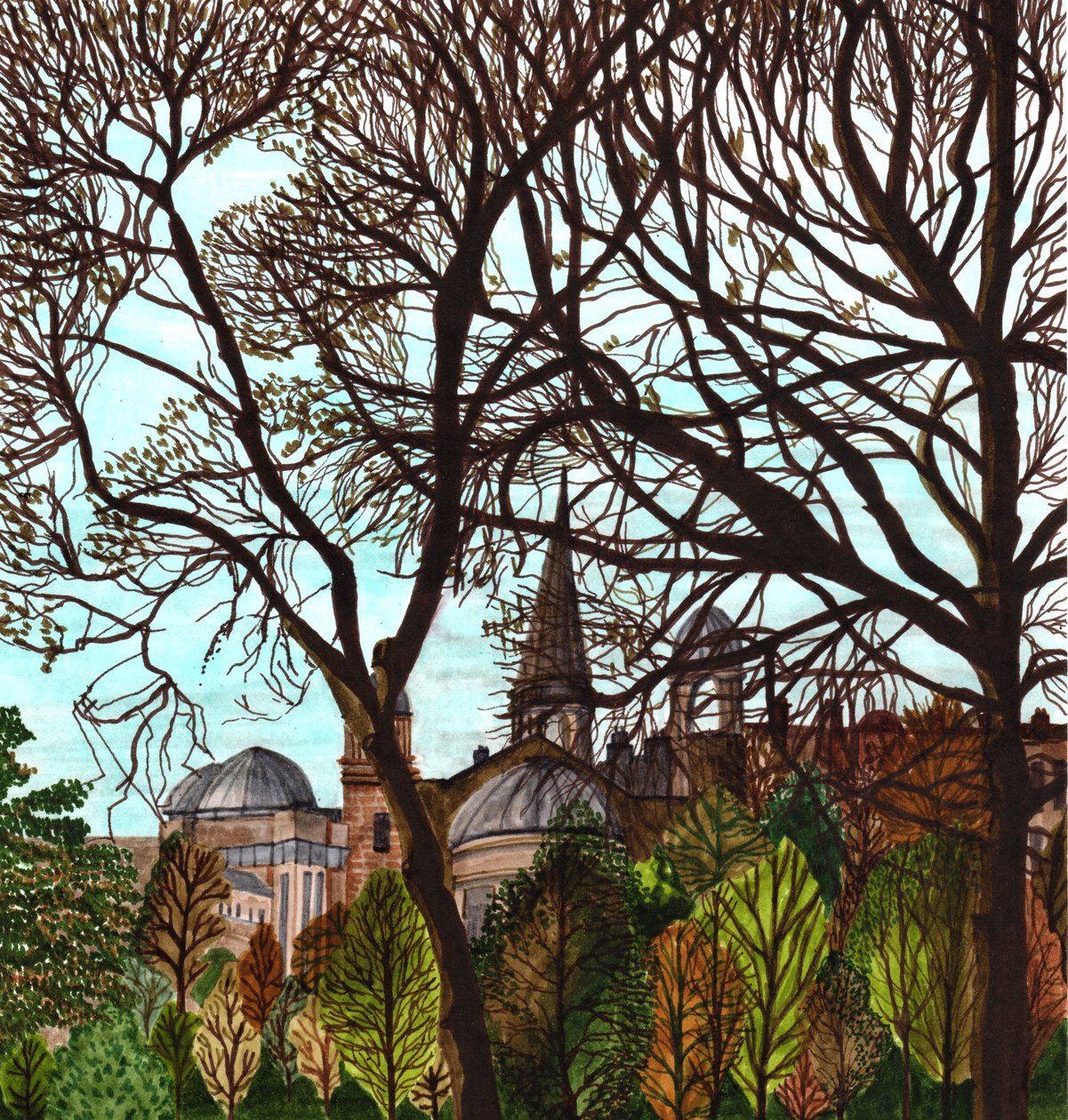 Edimburgo na primavera de 2020 (caneta de pincel no papel) de Charlotte Orr