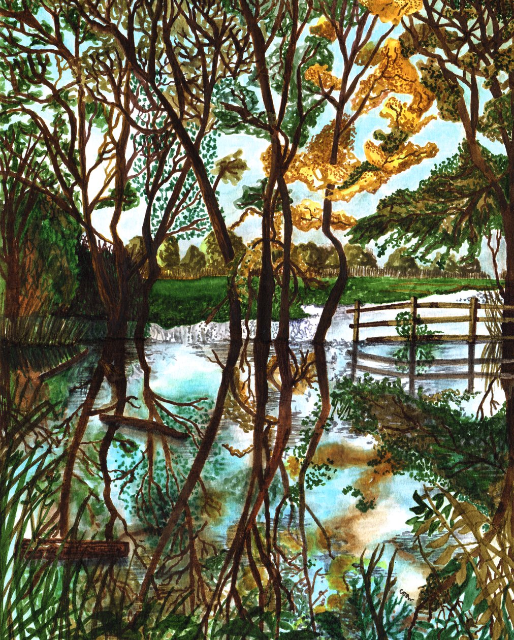 Inundações nos campos de St Mary, 2020 (canetas de pincel no papel) de Charlotte Orr