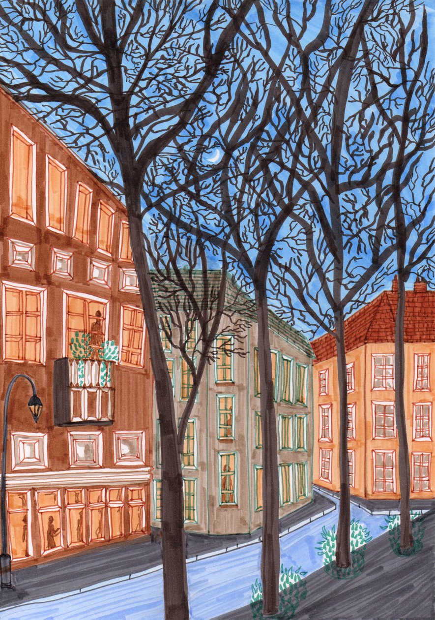 Friedrichshain à noite, 2017 (canetas) de Charlotte Orr