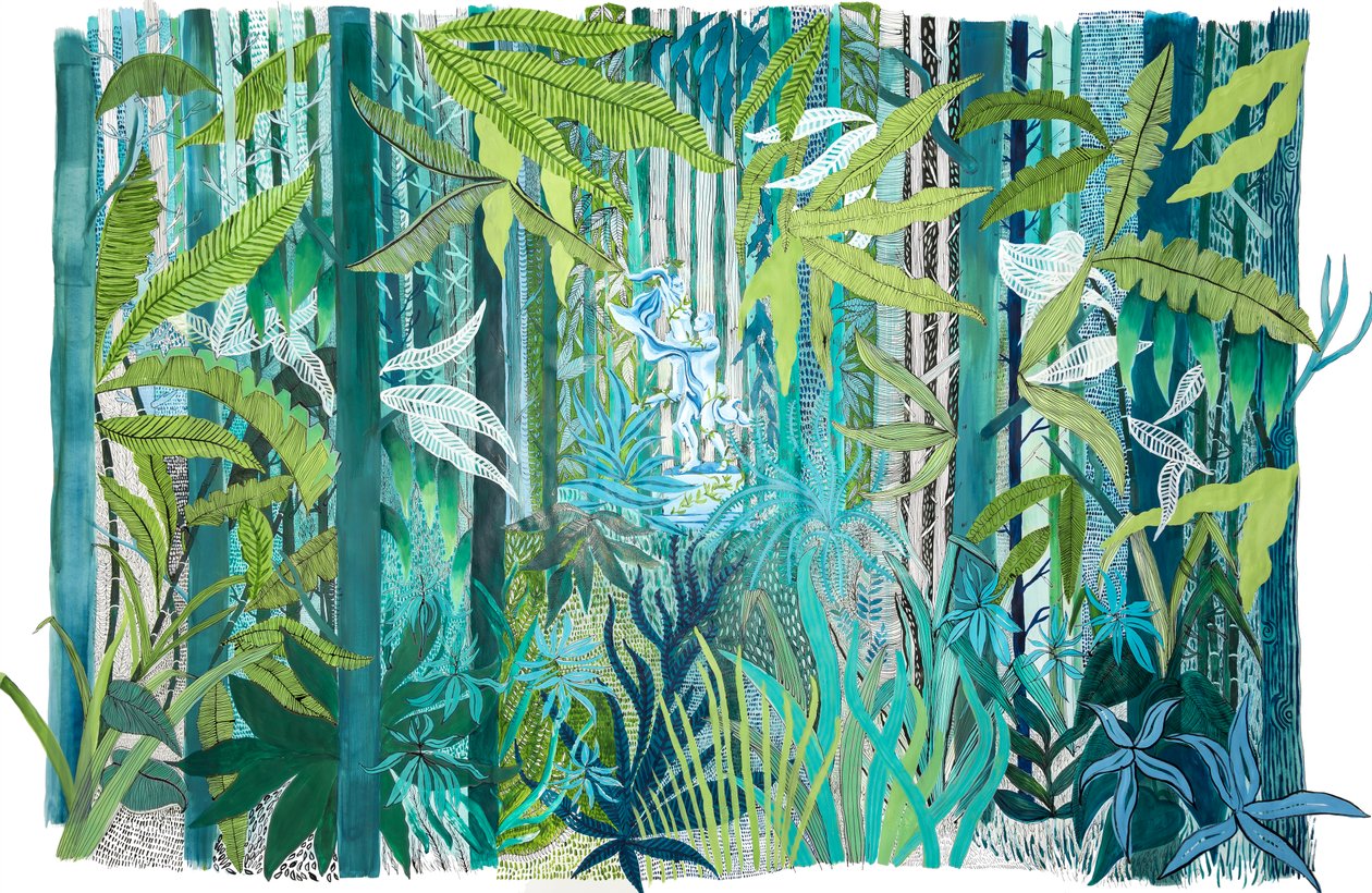 Amor na Floresta, 2017 (acrílico sobre papel) de Charlotte Orr