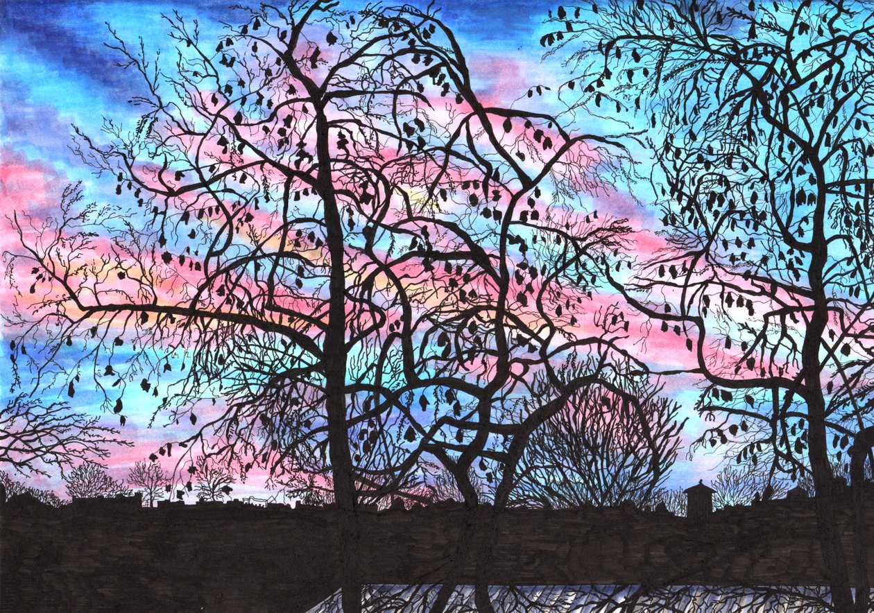 Pôr do sol de uma varanda de Berlim, 2020 (canetas) de Charlotte Orr