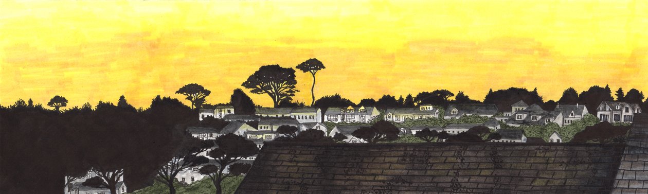 Pôr do sol sobre Gylly Beach, 2020 (canetas) de Charlotte Orr