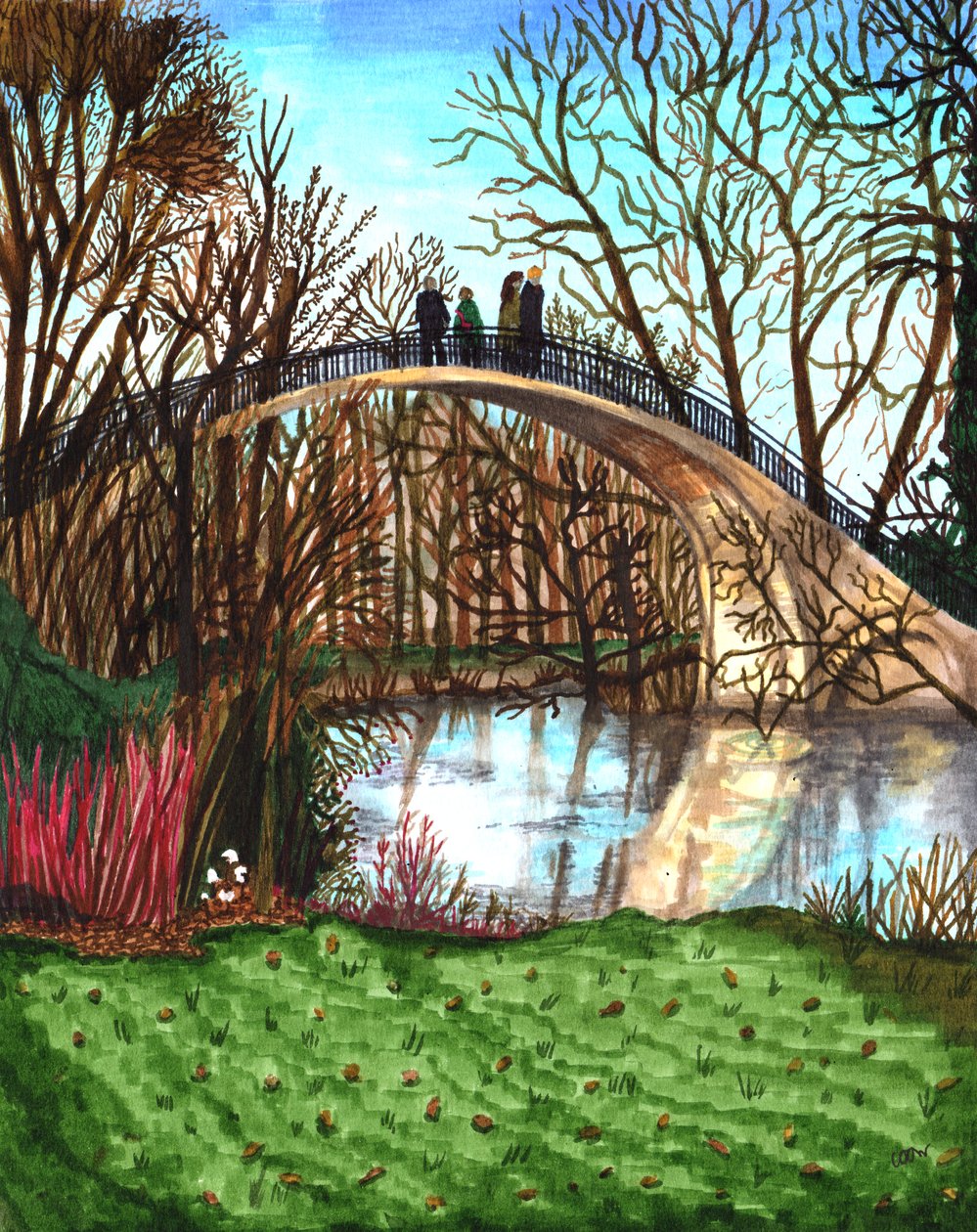 Parques universitários no inverno, 2020 (canetas no papel) de Charlotte Orr