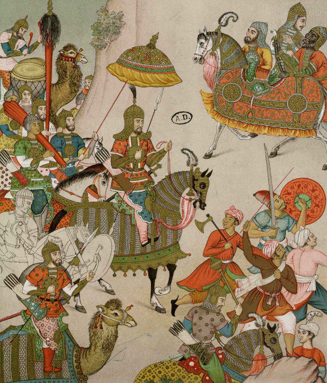 Imperador Babur (r.1526-30) à frente de seu exército, após uma miniatura de Mughal do século XVI de Charpentier