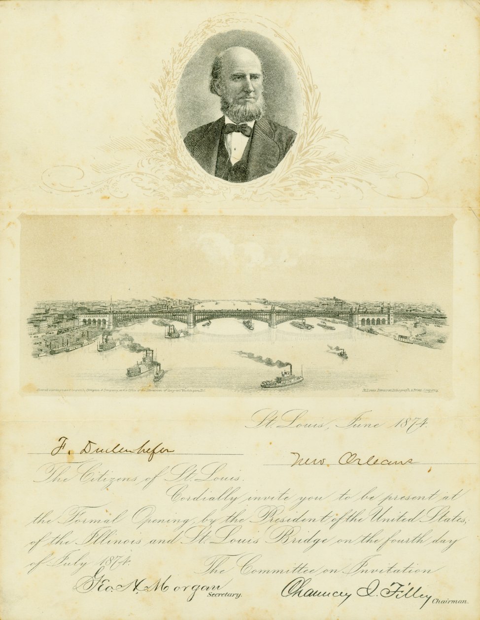 Convite para participar da abertura formal da Eads Bridge em 4 de julho de 1874 de Chauncey I. Filley