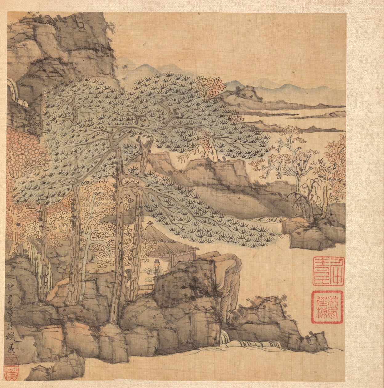 Pinturas após mestres antigos: Leitura do erudito em uma cabana de palha por uma cachoeira, 1598-1652. de Chen Hongshou